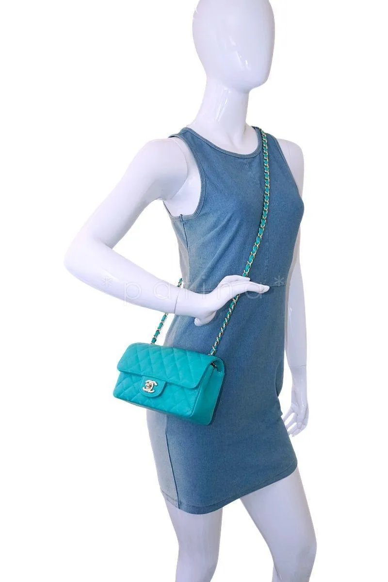 17C Chanel Turquoise Green-Blue Caviar Rectangular Mini Classic Flap Bag GHW