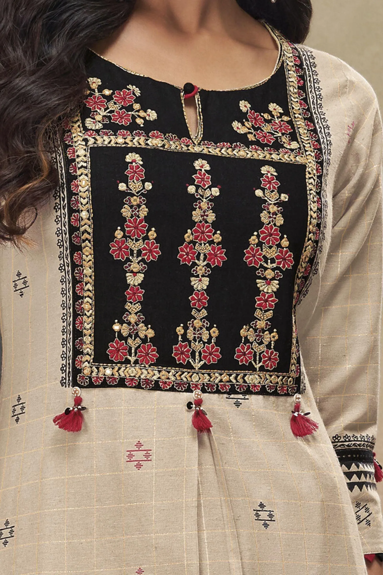 Beige with Black Zari Weaving and Multicolor Embroidery work Straight Cut Salwar Suit