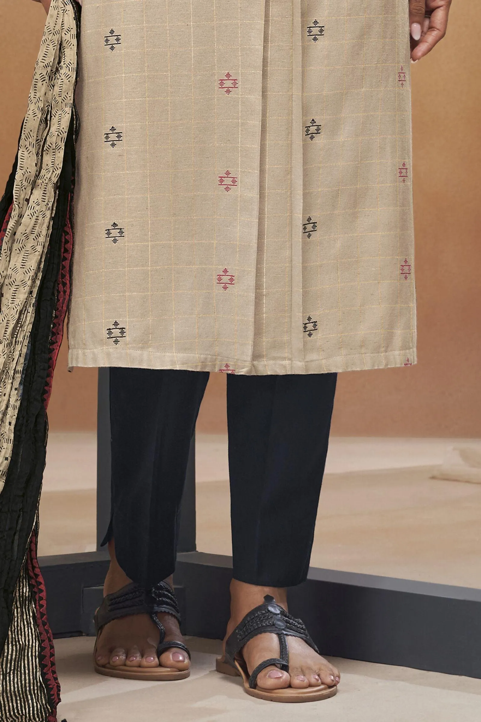 Beige with Black Zari Weaving and Multicolor Embroidery work Straight Cut Salwar Suit