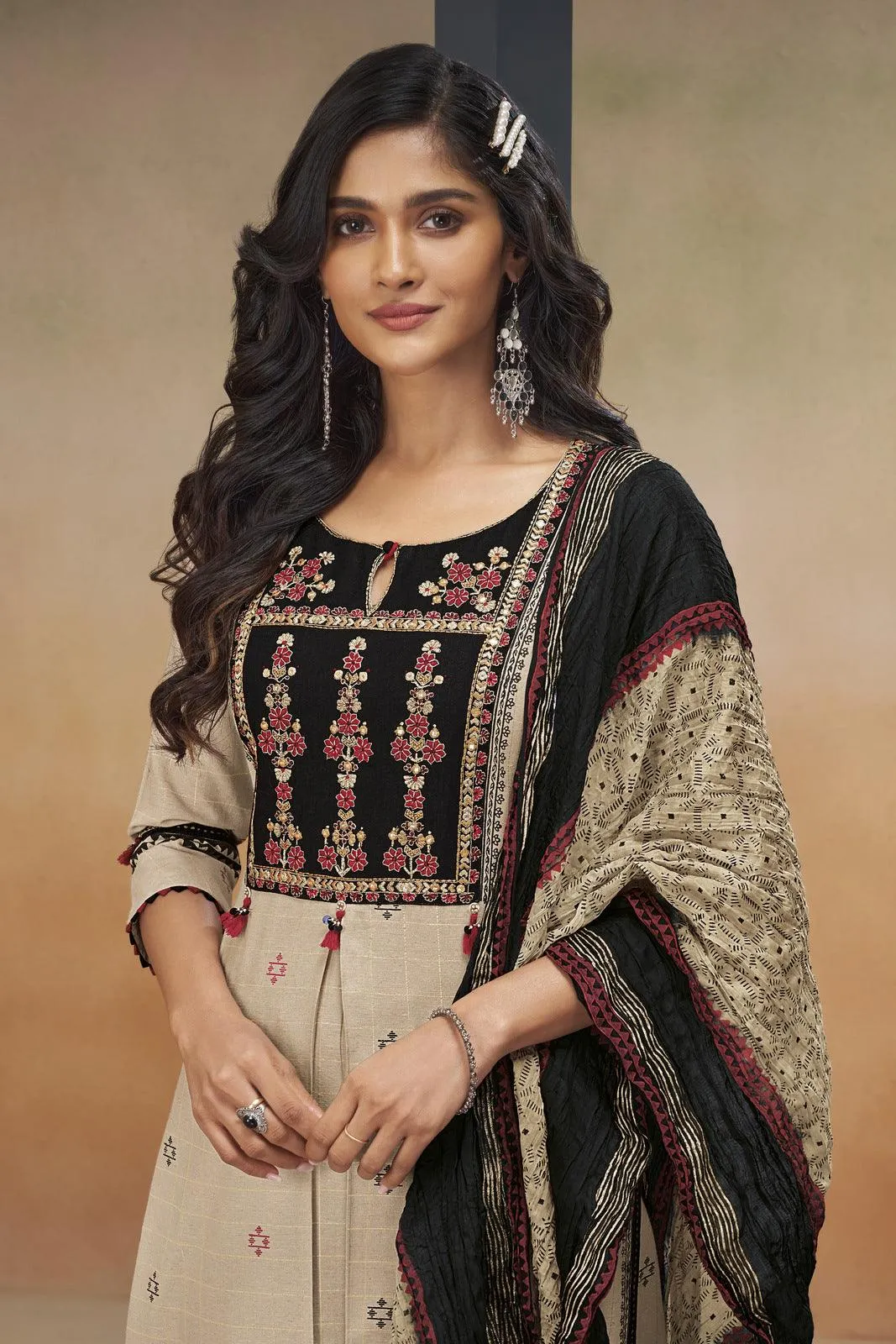 Beige with Black Zari Weaving and Multicolor Embroidery work Straight Cut Salwar Suit