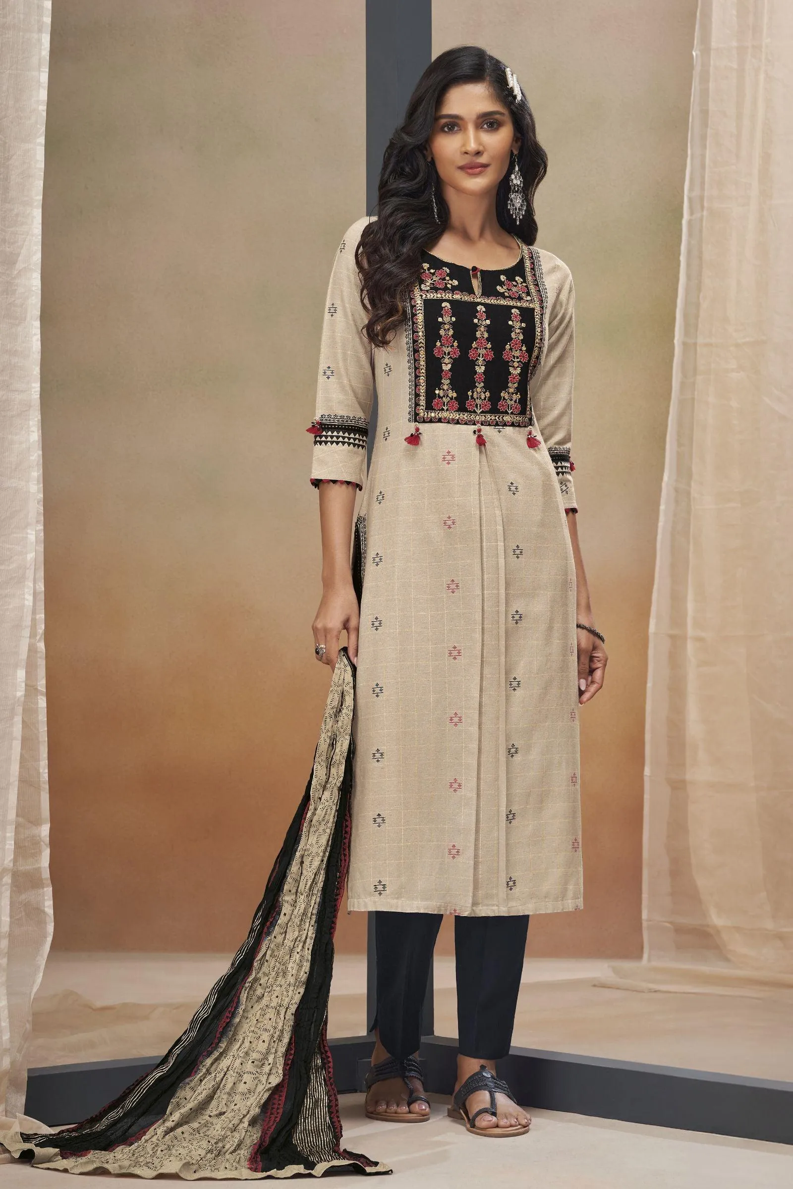 Beige with Black Zari Weaving and Multicolor Embroidery work Straight Cut Salwar Suit