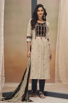 Beige with Black Zari Weaving and Multicolor Embroidery work Straight Cut Salwar Suit