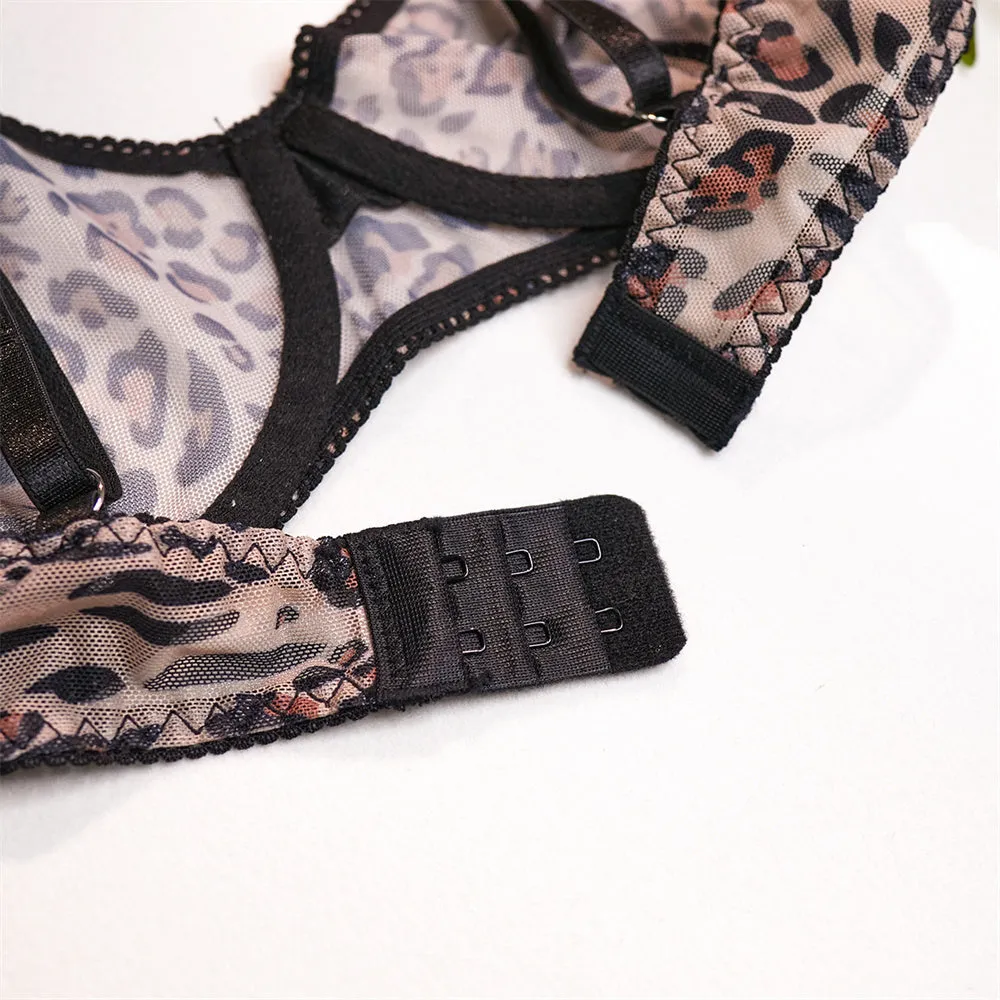 BerriesJam - 3-Piece Leopard Mesh Ring Bow Fancy Lingerie Set