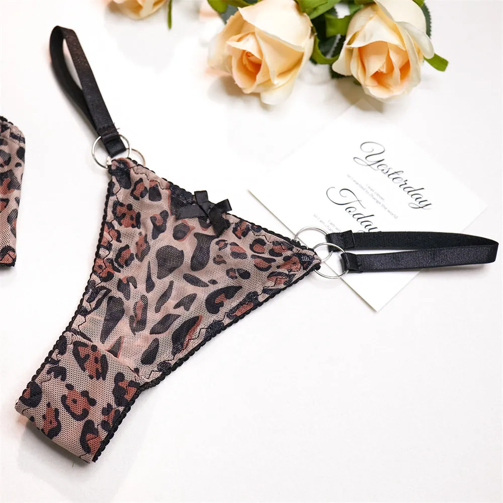 BerriesJam - 3-Piece Leopard Mesh Ring Bow Fancy Lingerie Set