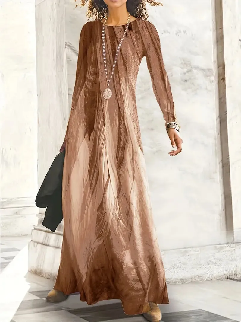 BerryBetty - Casual Long Sleeve Graphic Print Maxi Dress