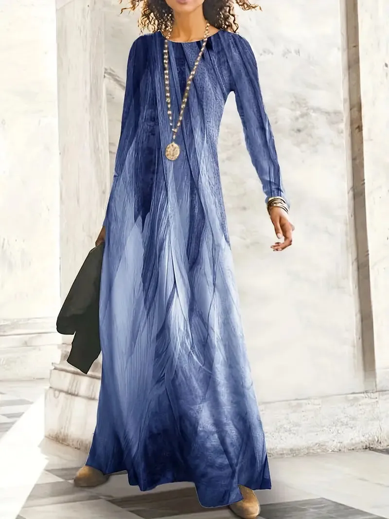 BerryBetty - Casual Long Sleeve Graphic Print Maxi Dress