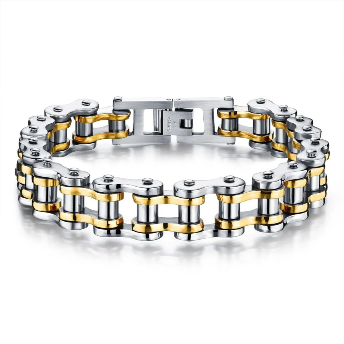 Biker Motorcycle Chain 18K Gold Silver Heavy Stainless Steel Bracelet