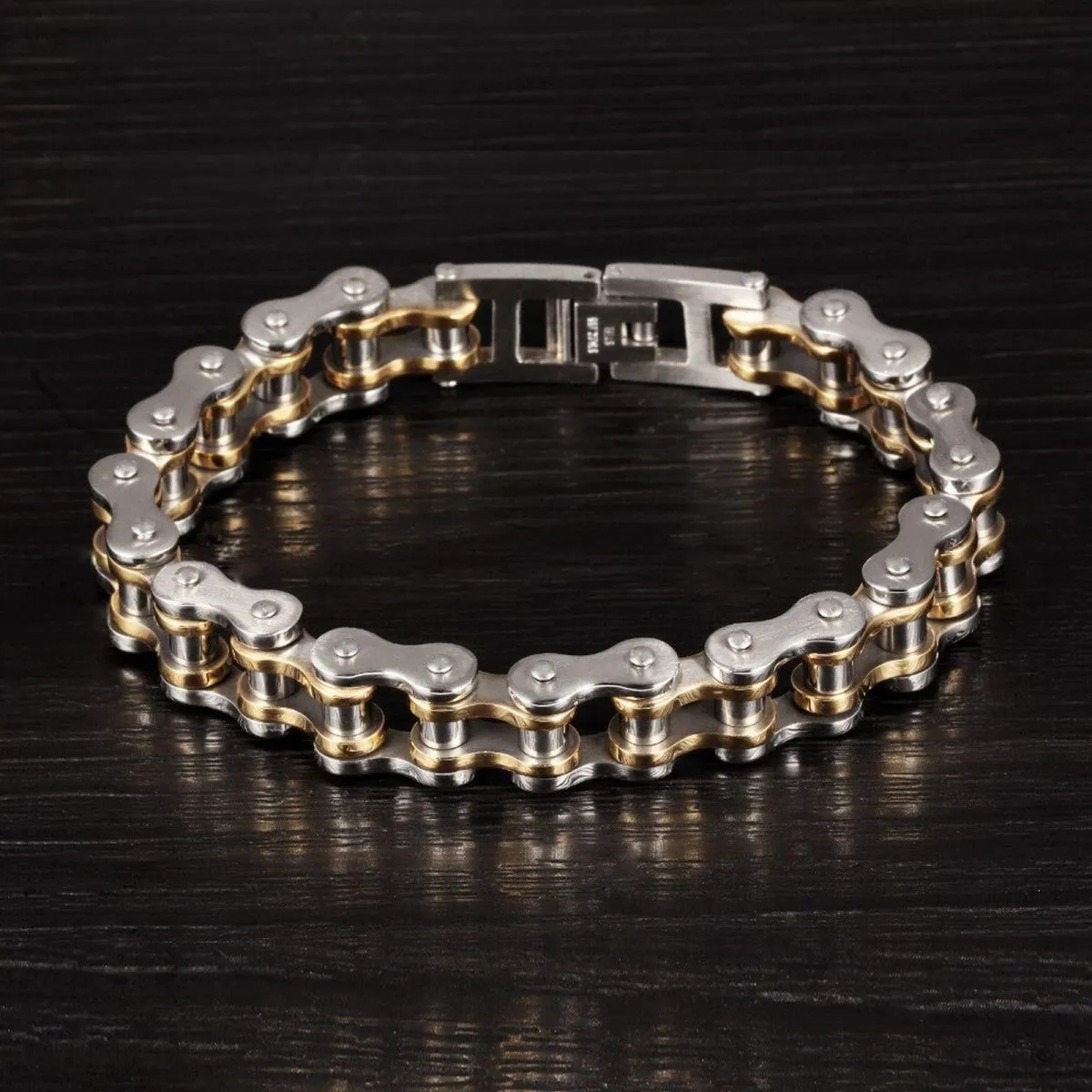 Biker Motorcycle Chain 18K Gold Silver Heavy Stainless Steel Bracelet
