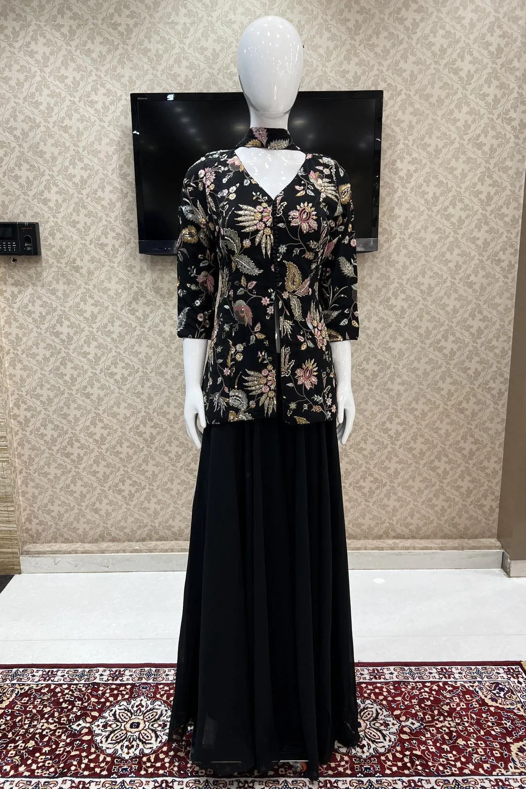 Black Multicolor Embroidery, Sequins and Beads work Palazzo Suit Set