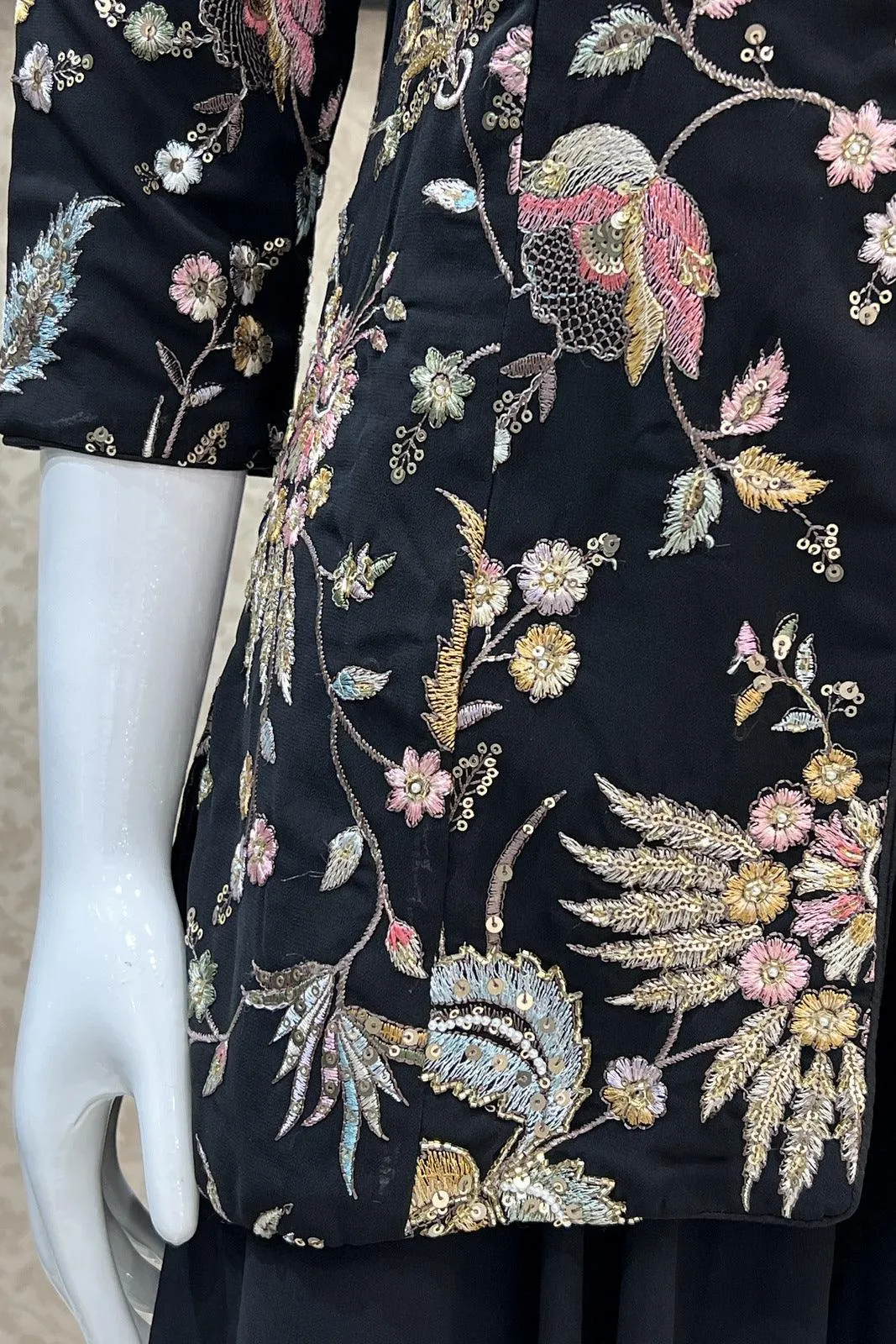 Black Multicolor Embroidery, Sequins and Beads work Palazzo Suit Set