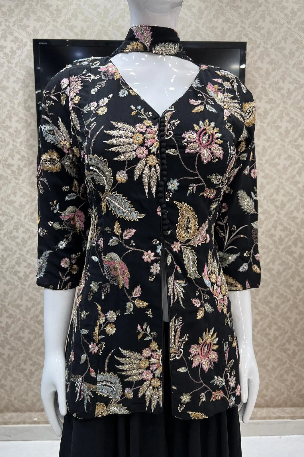 Black Multicolor Embroidery, Sequins and Beads work Palazzo Suit Set