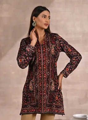 Black Multicolor Print Velvet Straight Kurti
