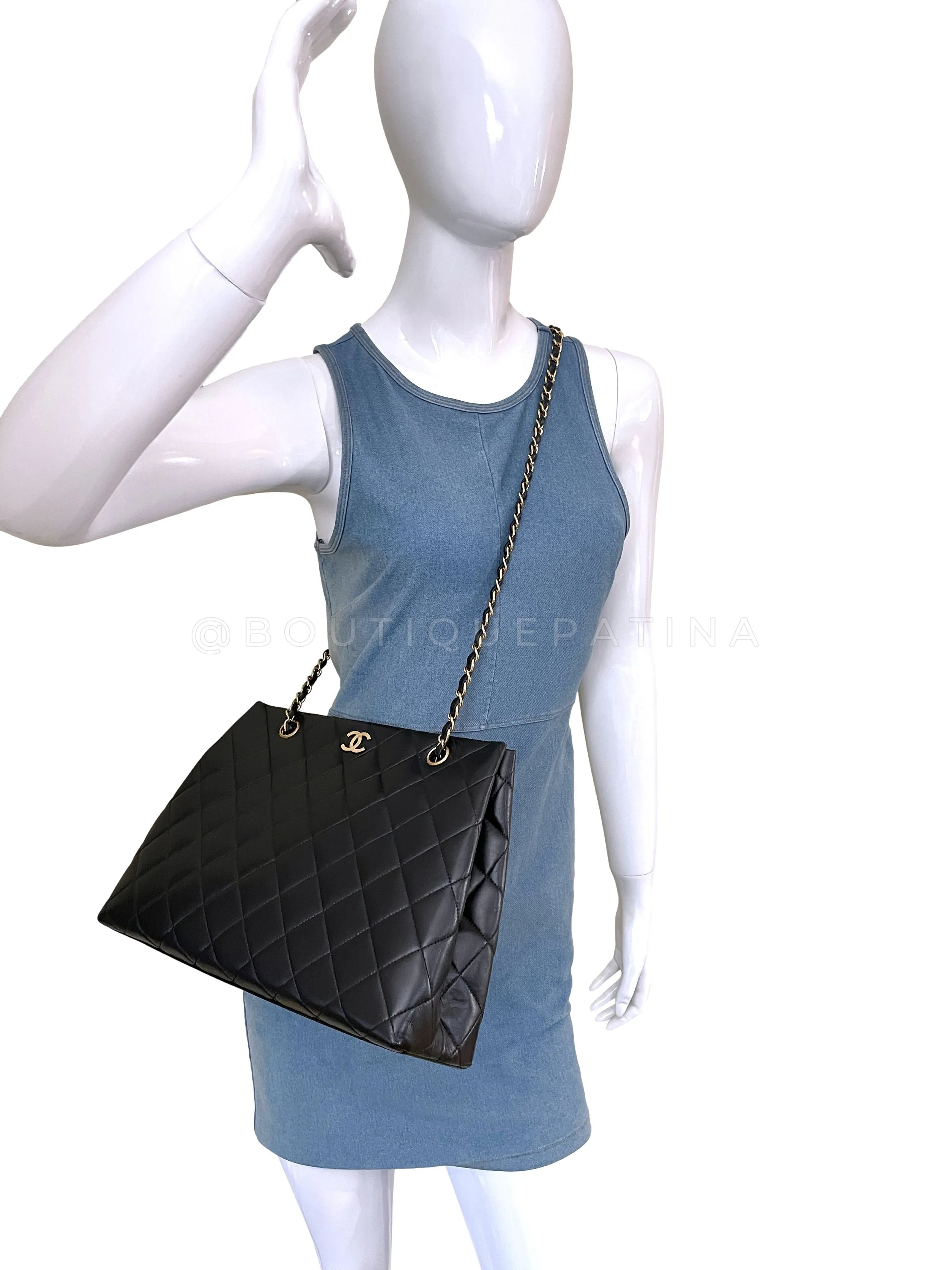 Chanel 1998 Vintage Black Lambskin Tote Bag 24k GHW
