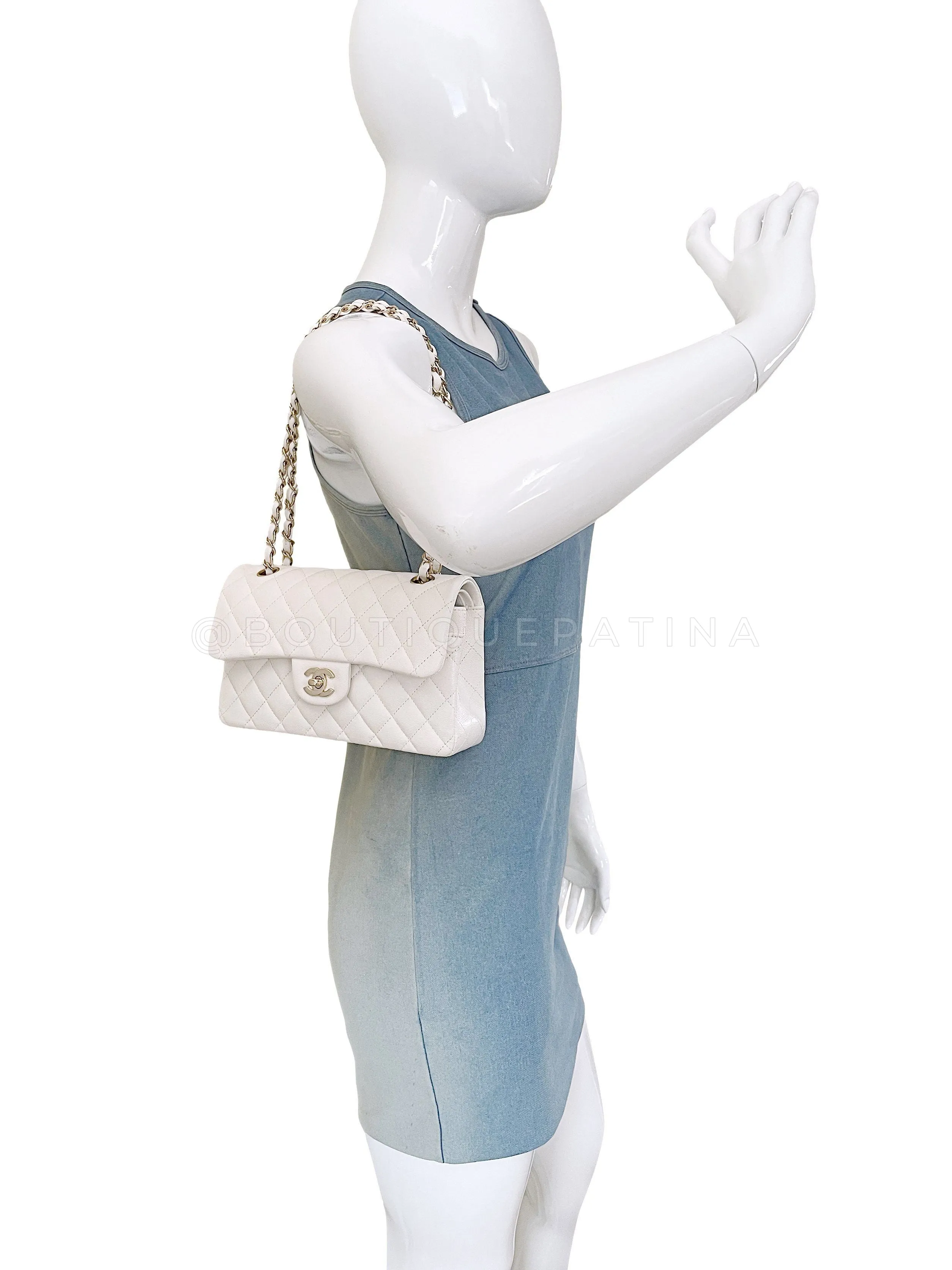 Chanel 20S Cream White Caviar Small Classic Double Flap Bag GHW