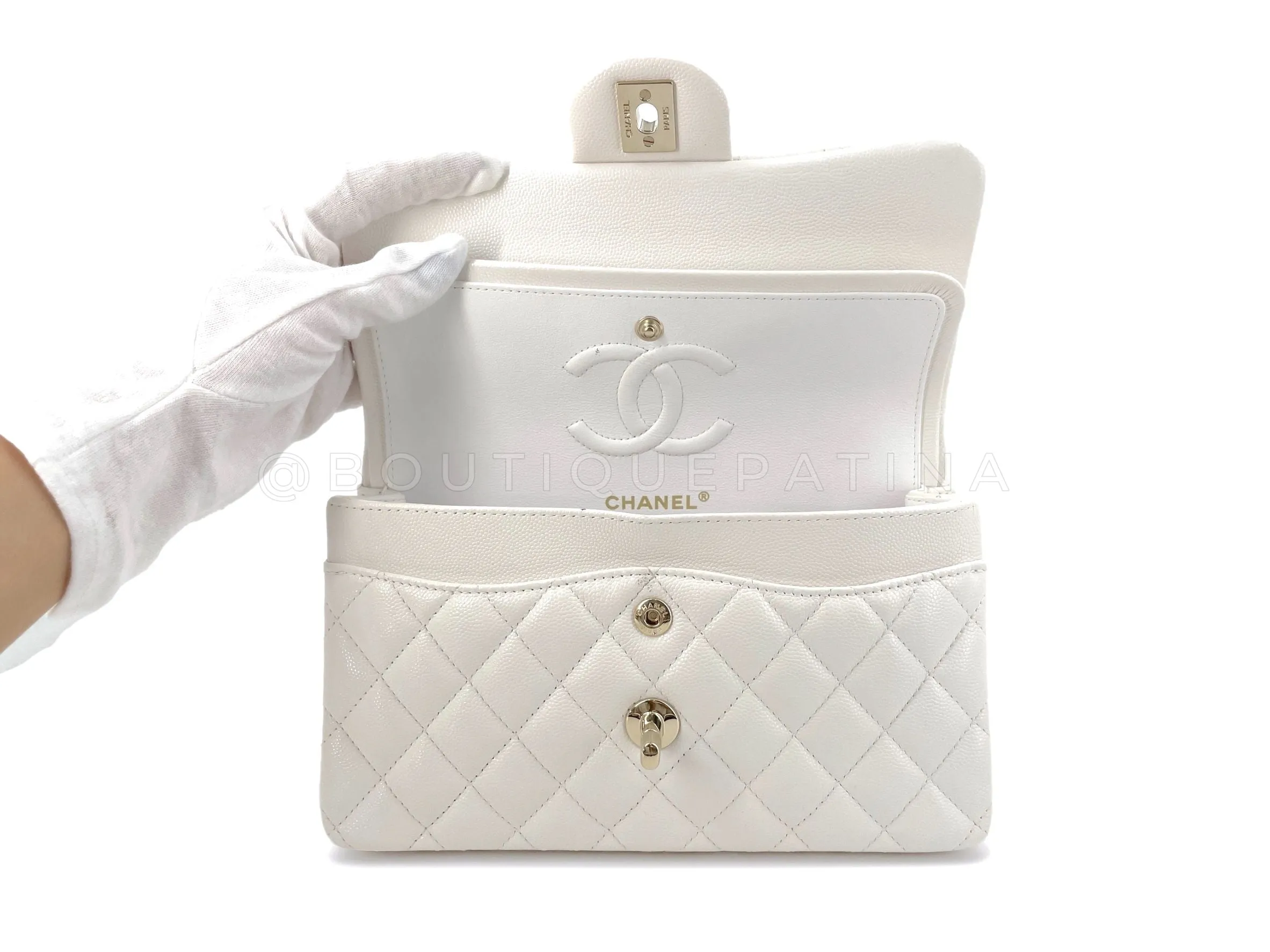 Chanel 20S Cream White Caviar Small Classic Double Flap Bag GHW