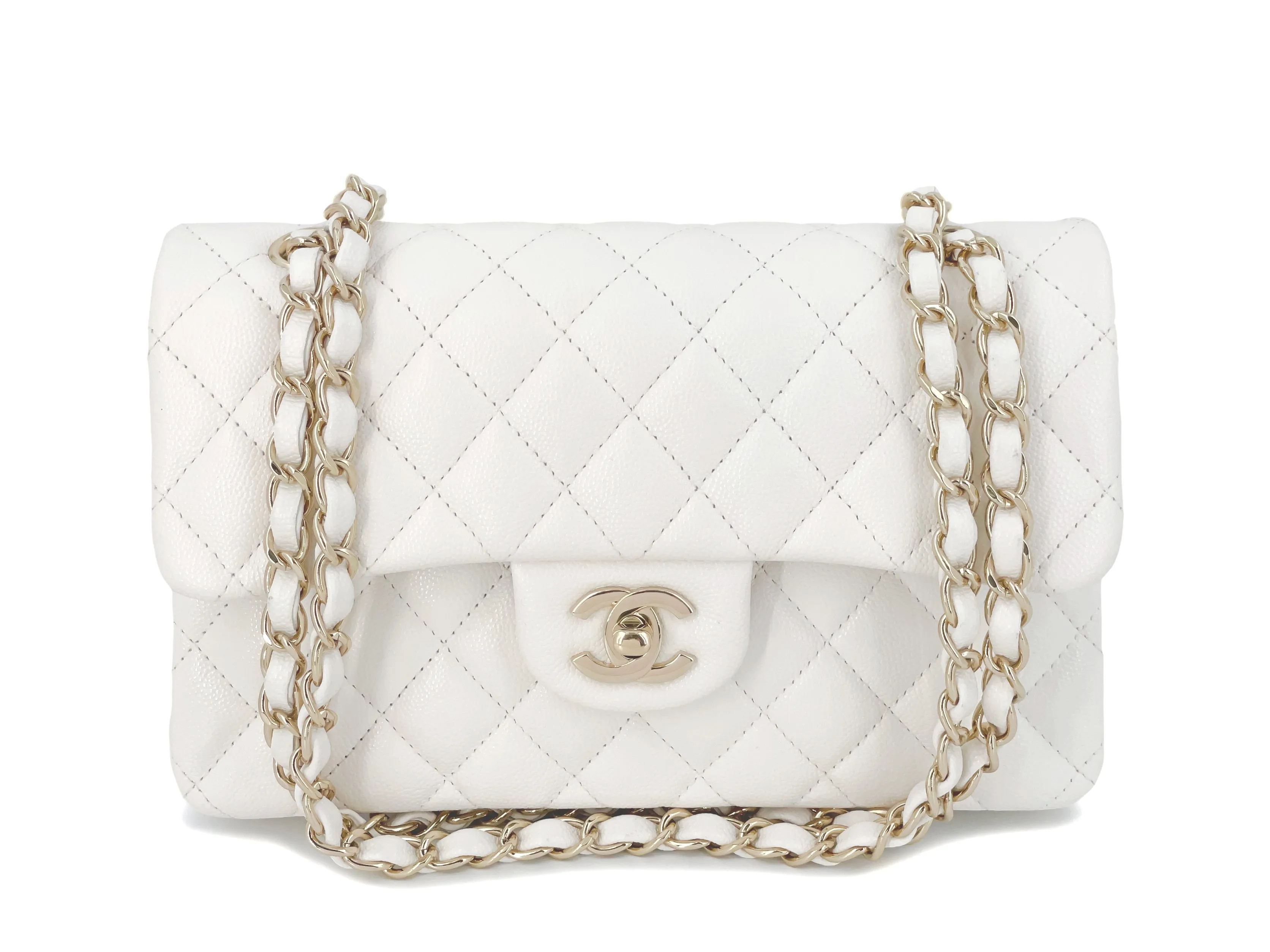 Chanel 20S Cream White Caviar Small Classic Double Flap Bag GHW