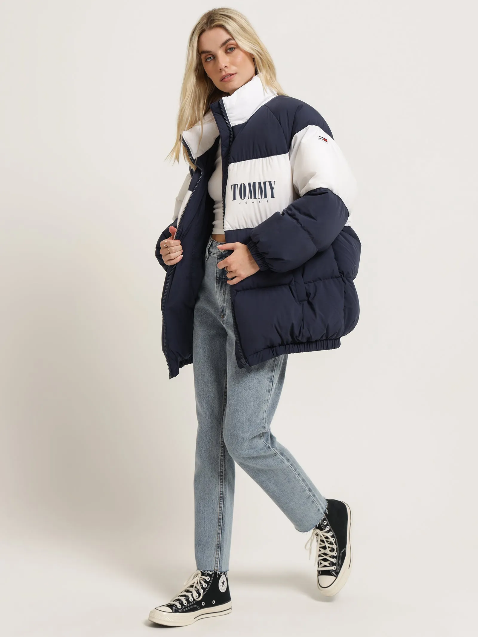 Colour-Blocked Oversized Puffer Coat in Twilight Navy & White