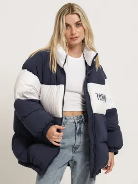 Colour-Blocked Oversized Puffer Coat in Twilight Navy & White