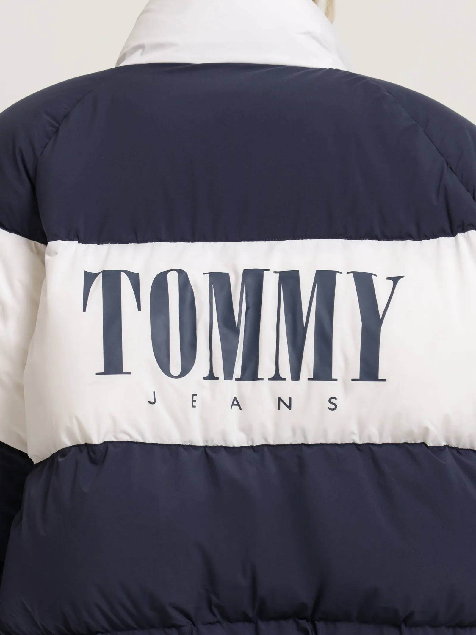 Colour-Blocked Oversized Puffer Coat in Twilight Navy & White