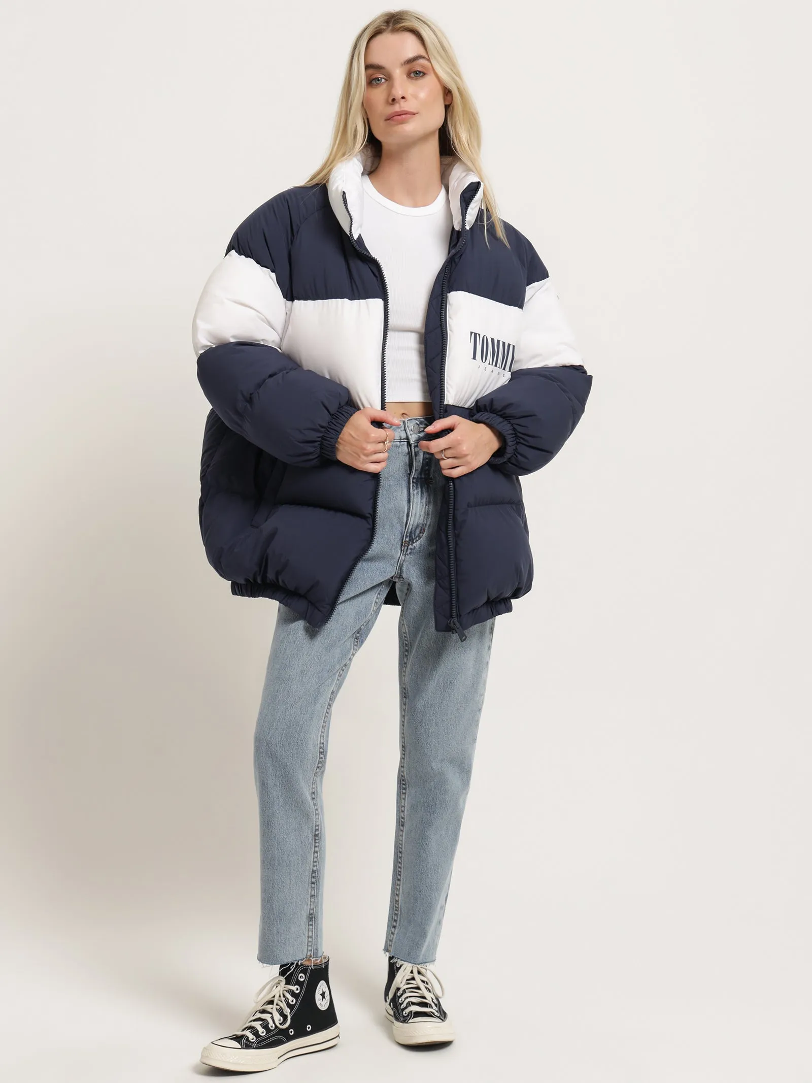 Colour-Blocked Oversized Puffer Coat in Twilight Navy & White