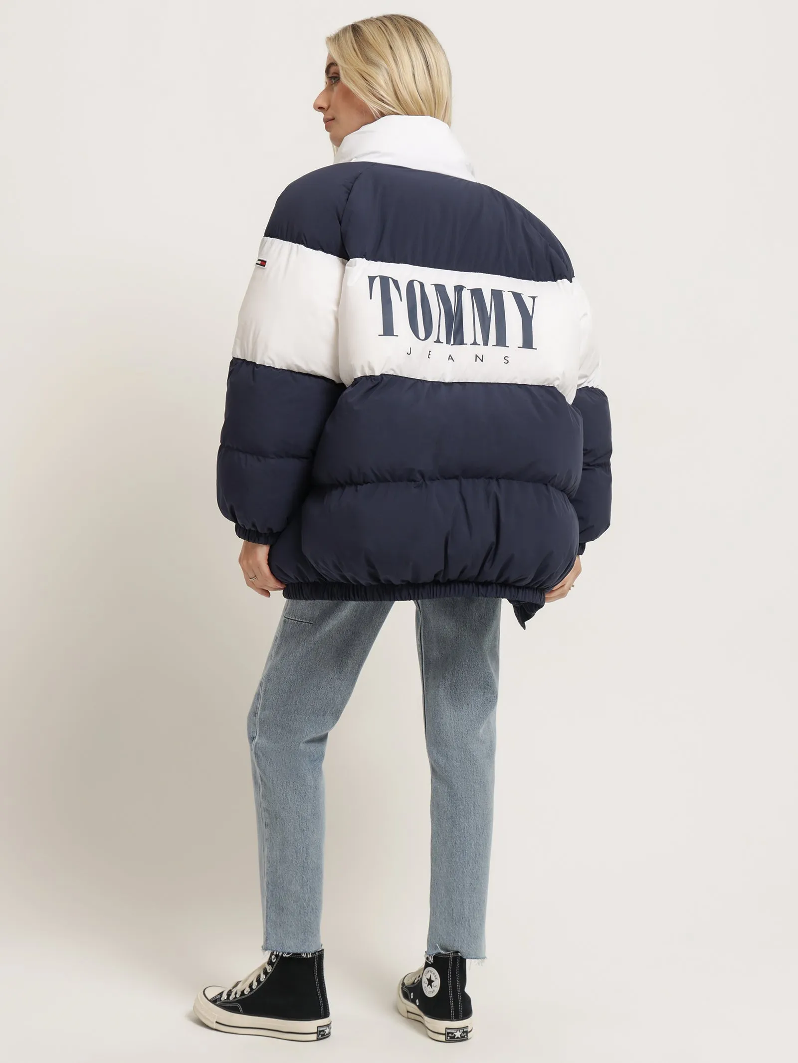 Colour-Blocked Oversized Puffer Coat in Twilight Navy & White