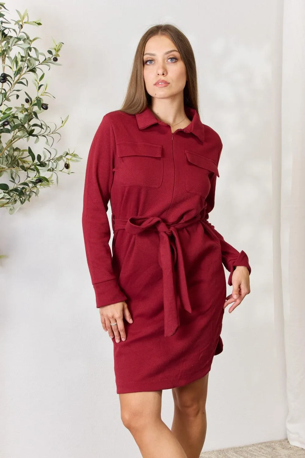 Culture Code Full Size Tie Front Half Zip Long Sleeve Shirt