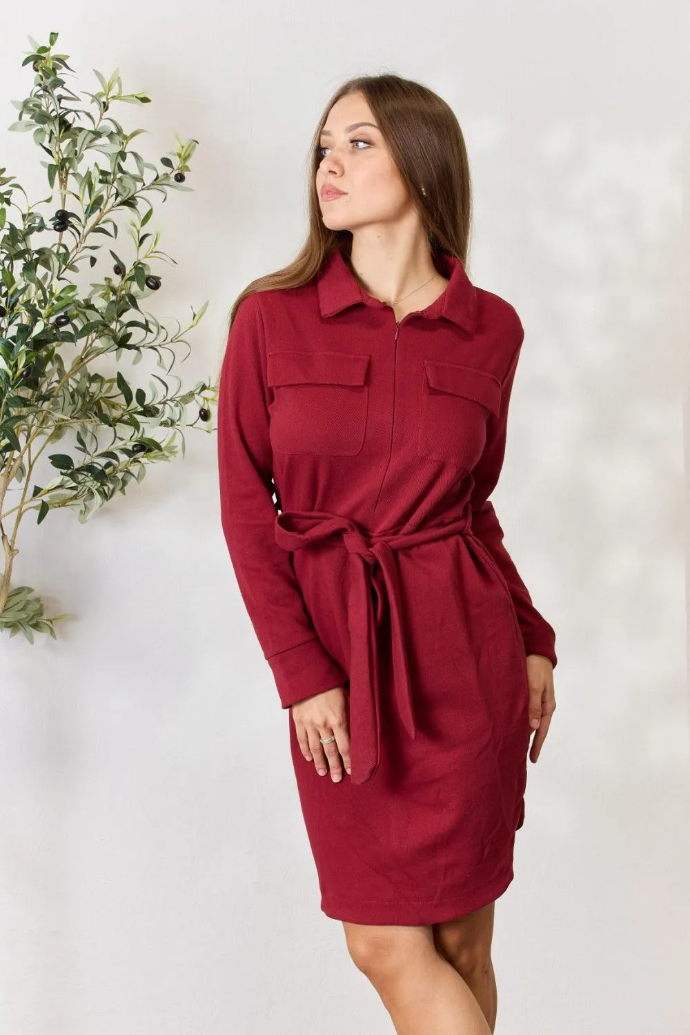 Culture Code Full Size Tie Front Half Zip Long Sleeve Shirt