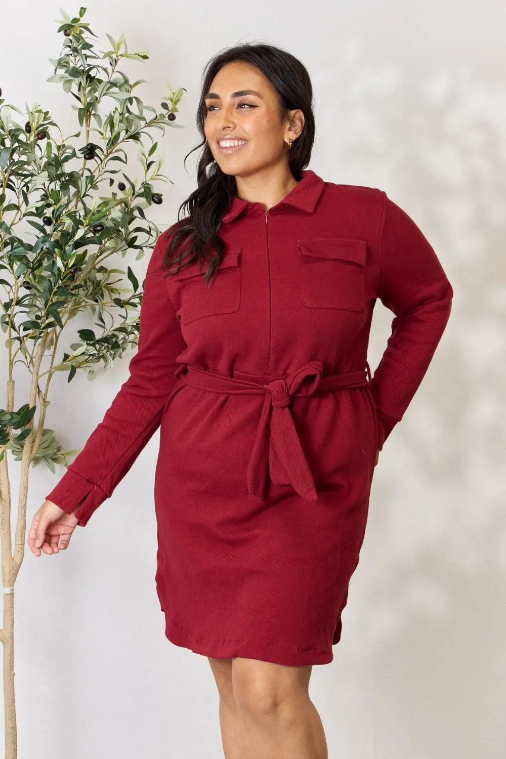 Culture Code Full Size Tie Front Half Zip Long Sleeve Shirt