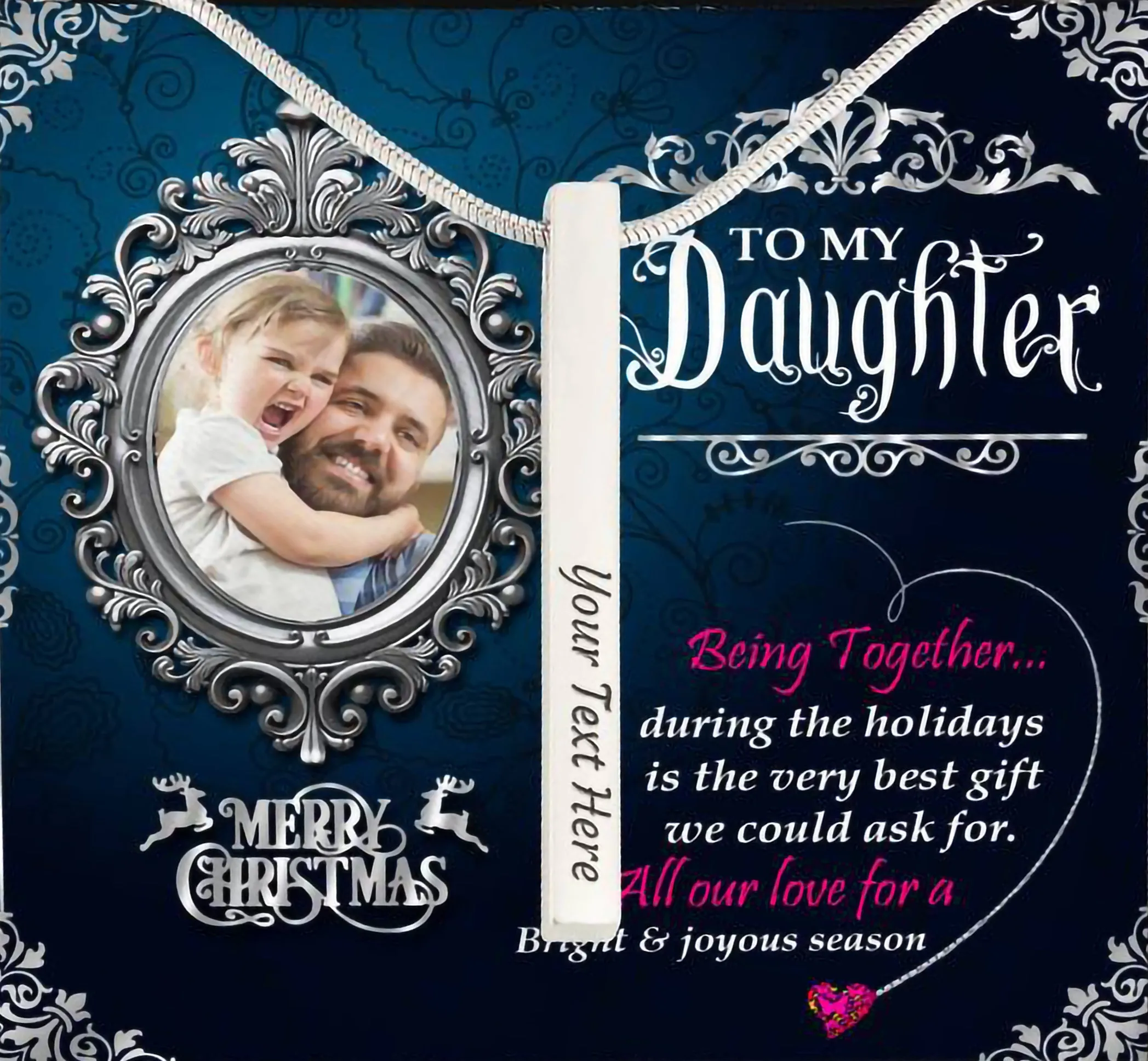 Dad To Daughter Custom Name Engraving Vertical Bar Necklace With Custom Photo Christmas Message Card Gift For Daughter