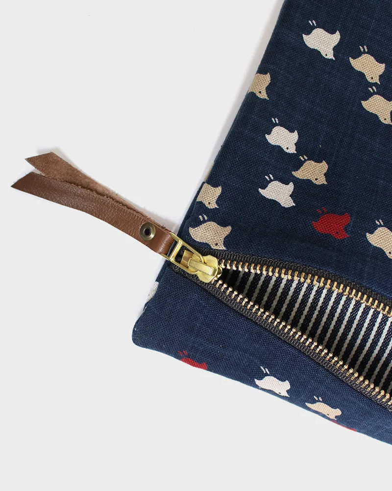 Flat Medium Zipper Pouch, Indigo, Red, White and Tan, Chidori