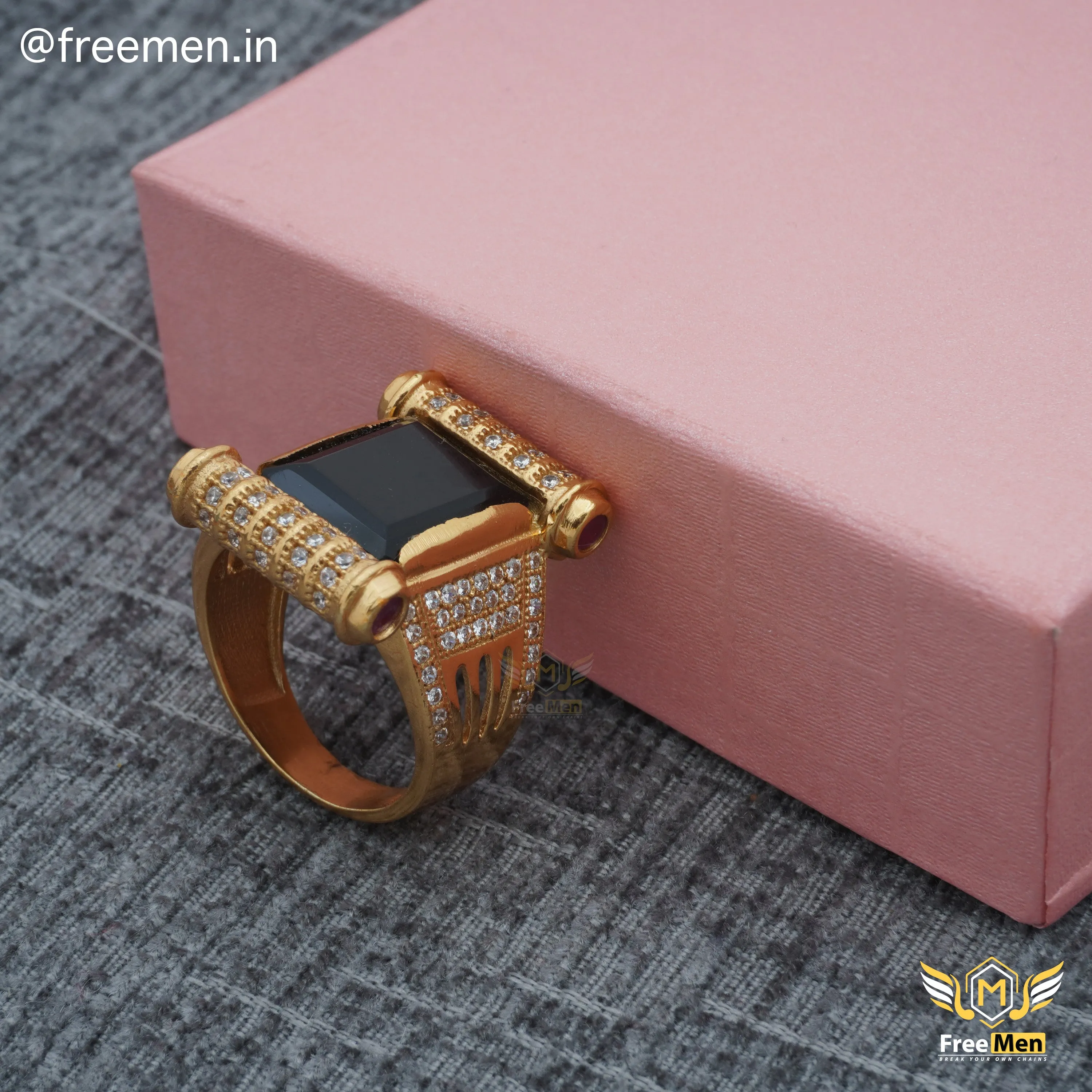 Freemen Black Big Stone with Diamond Golden Plated Ring - FM146