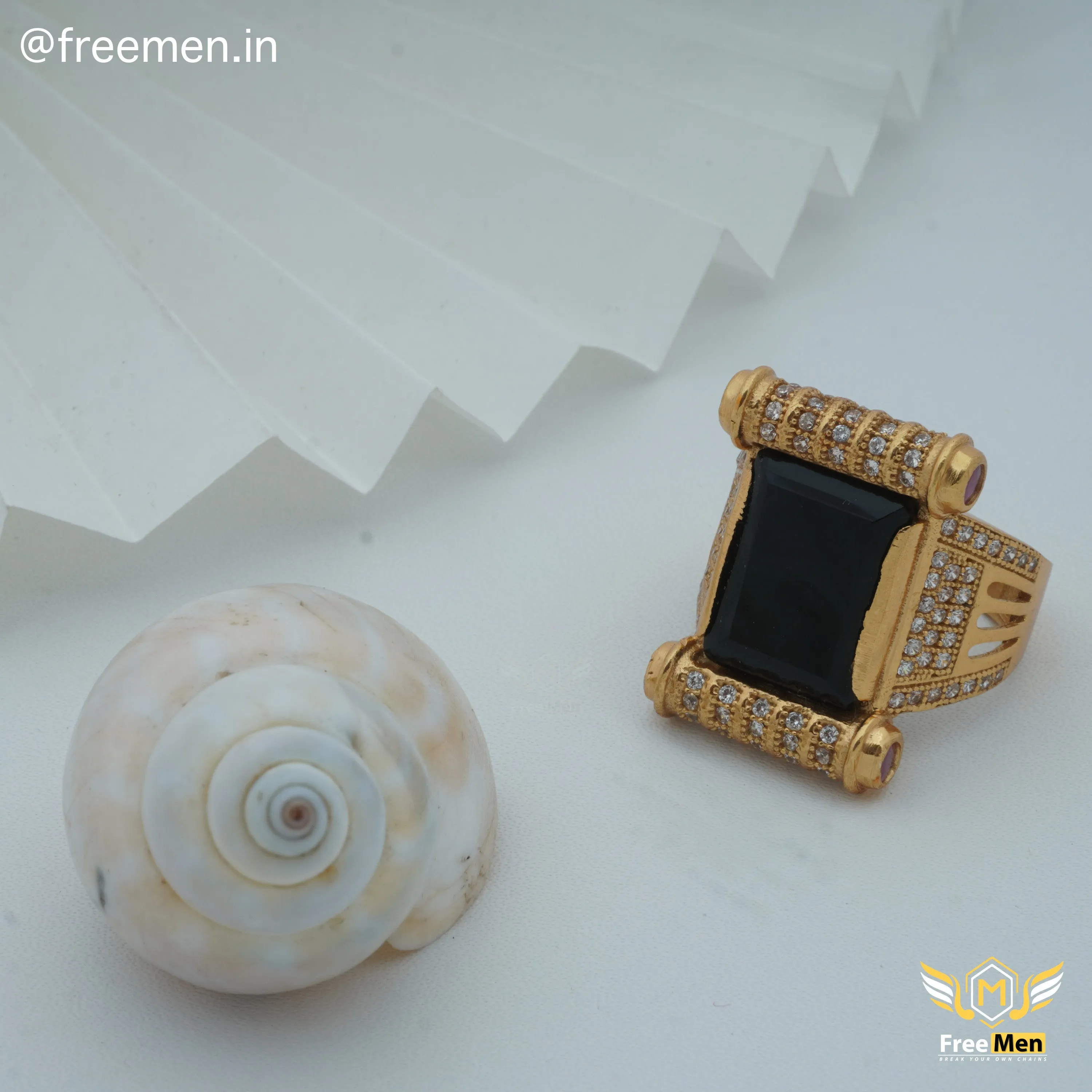 Freemen Black Big Stone with Diamond Golden Plated Ring - FM146