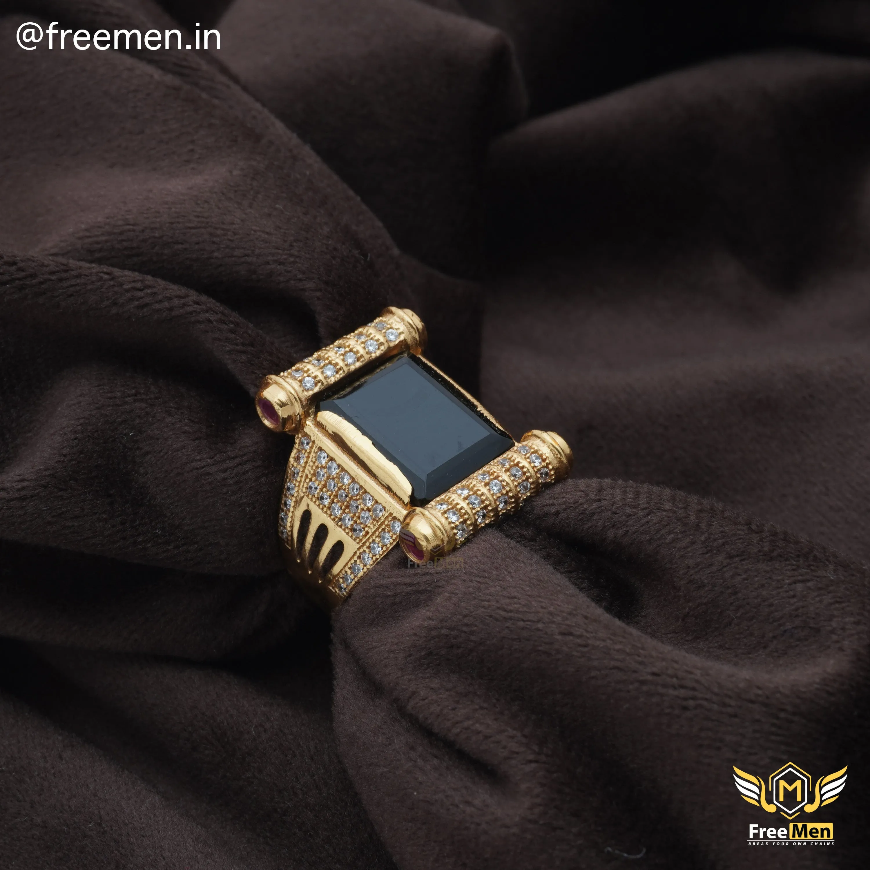 Freemen Black Big Stone with Diamond Golden Plated Ring - FM146