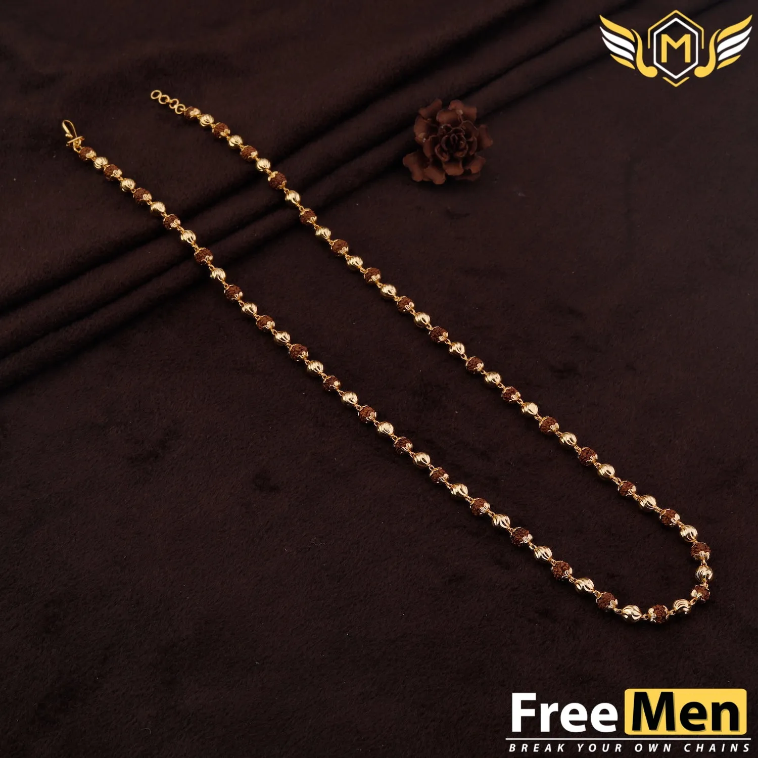 Freemen Gold Plated Rudraksha Mala with Golden Balls