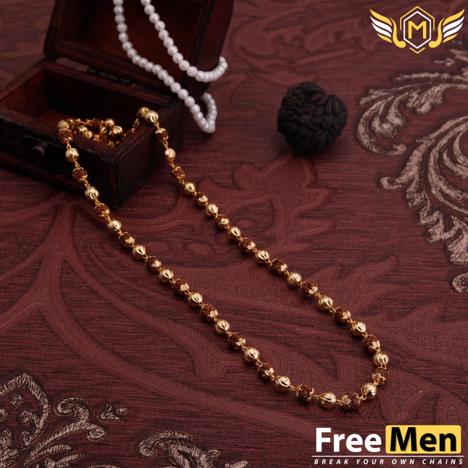 Freemen Gold Plated Rudraksha Mala with Golden Balls