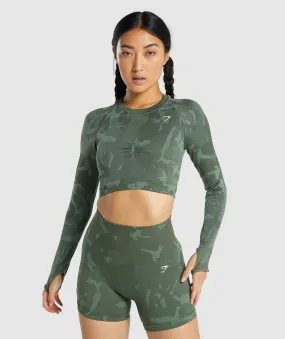 Gymshark Adapt Camo Seamless Long Sleeve Crop Top - Savanna | Green