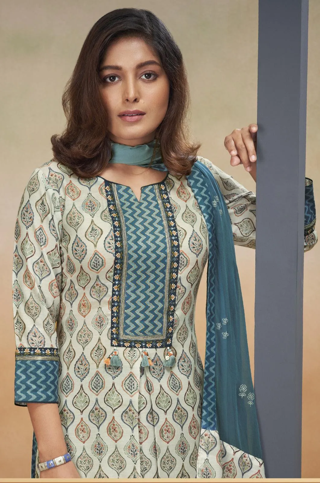 Half White with Blue Multicolor Digital Print, Zari and Thread work Straight Cut Salwar Suit