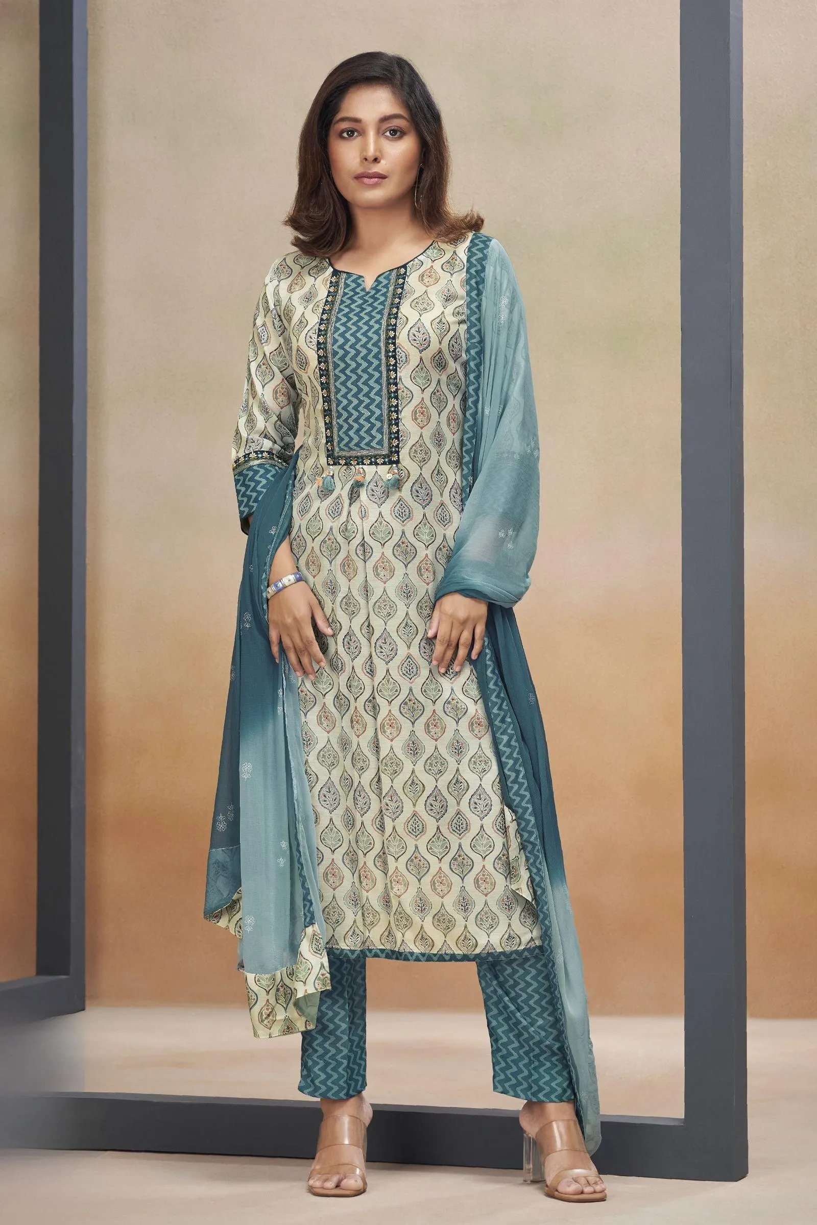 Half White with Blue Multicolor Digital Print, Zari and Thread work Straight Cut Salwar Suit