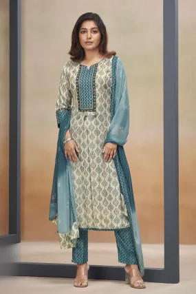 Half White with Blue Multicolor Digital Print, Zari and Thread work Straight Cut Salwar Suit