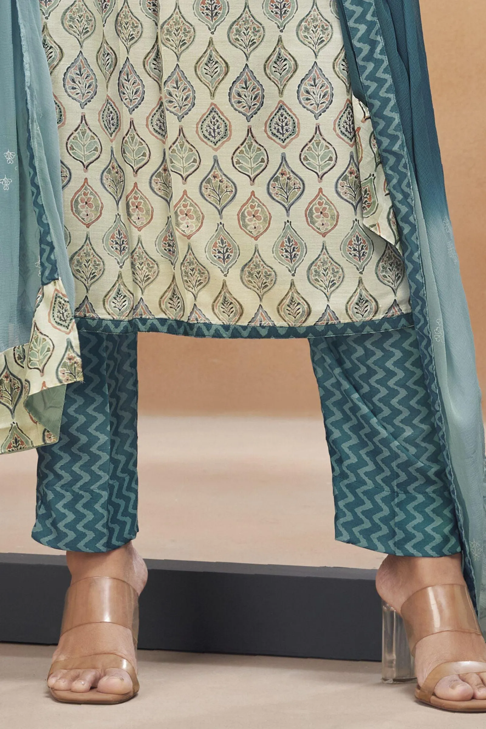 Half White with Blue Multicolor Digital Print, Zari and Thread work Straight Cut Salwar Suit