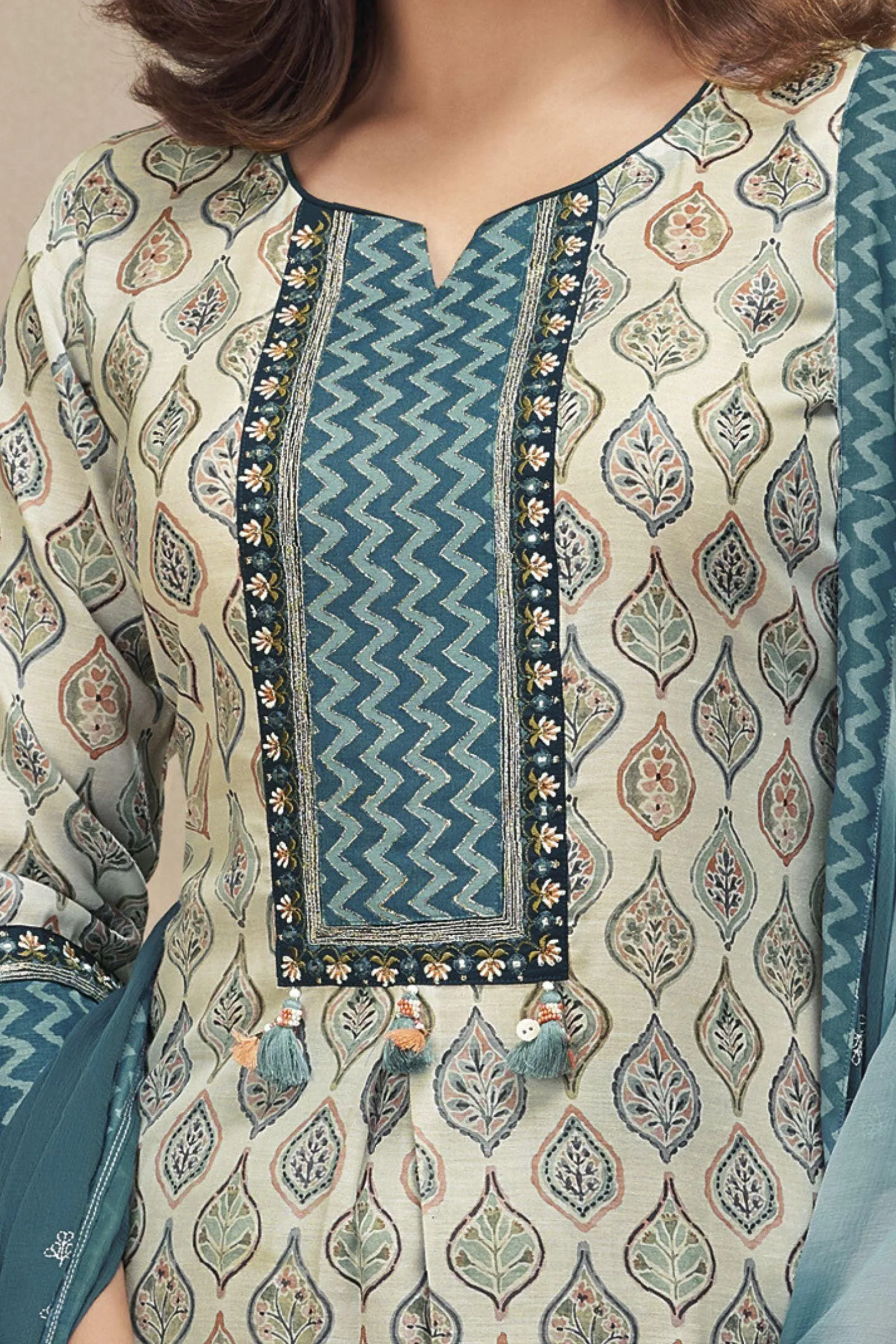 Half White with Blue Multicolor Digital Print, Zari and Thread work Straight Cut Salwar Suit