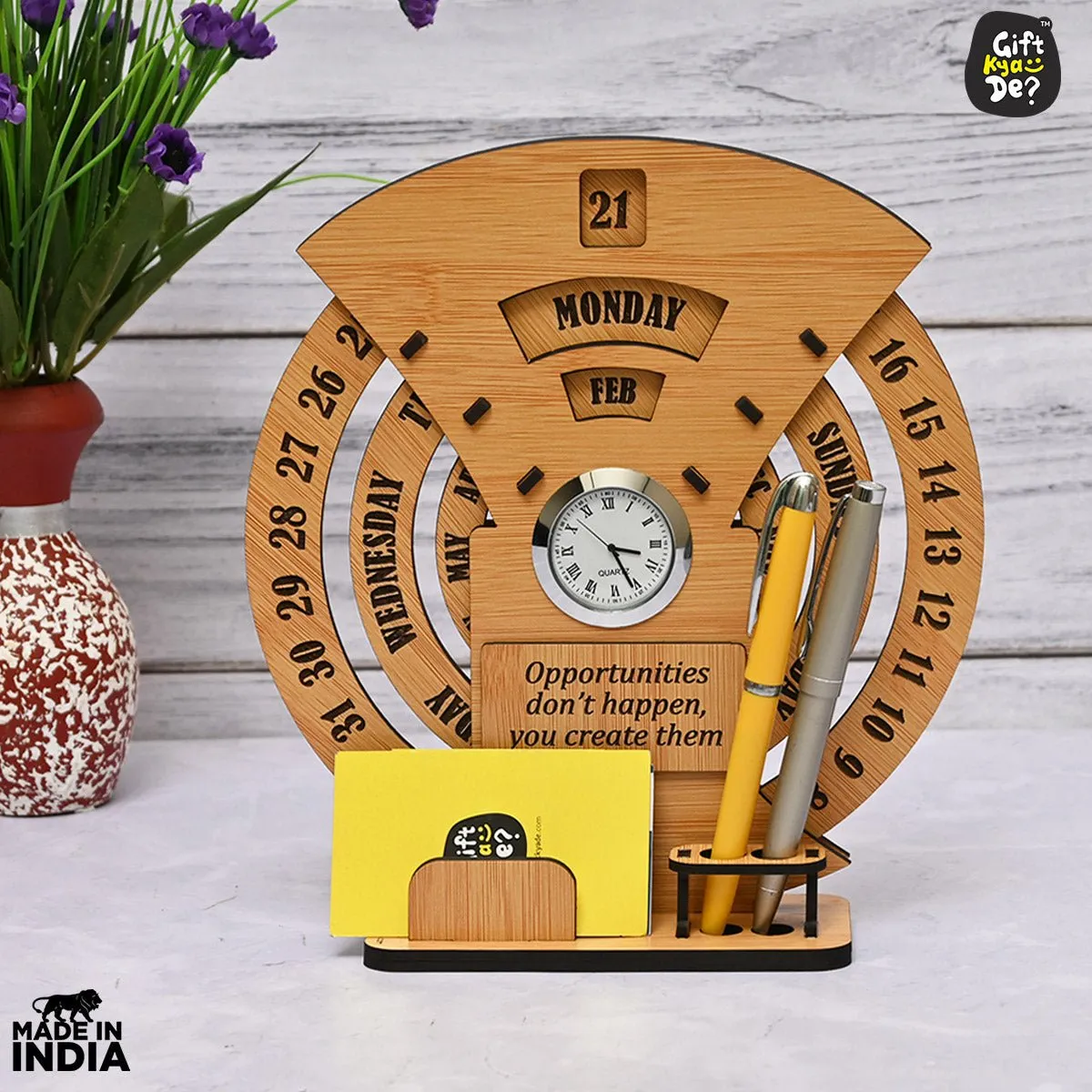 Infinite Circular Calendar With Pen, Card Holder & Wooden Diary Combo