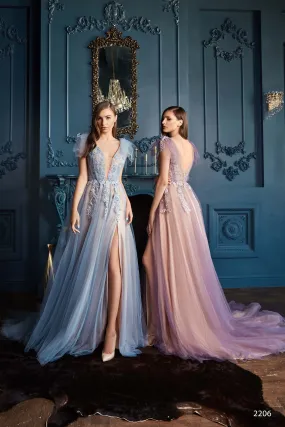 Intricately Beaded Flutter Sleeve Tulle Gown with Slit