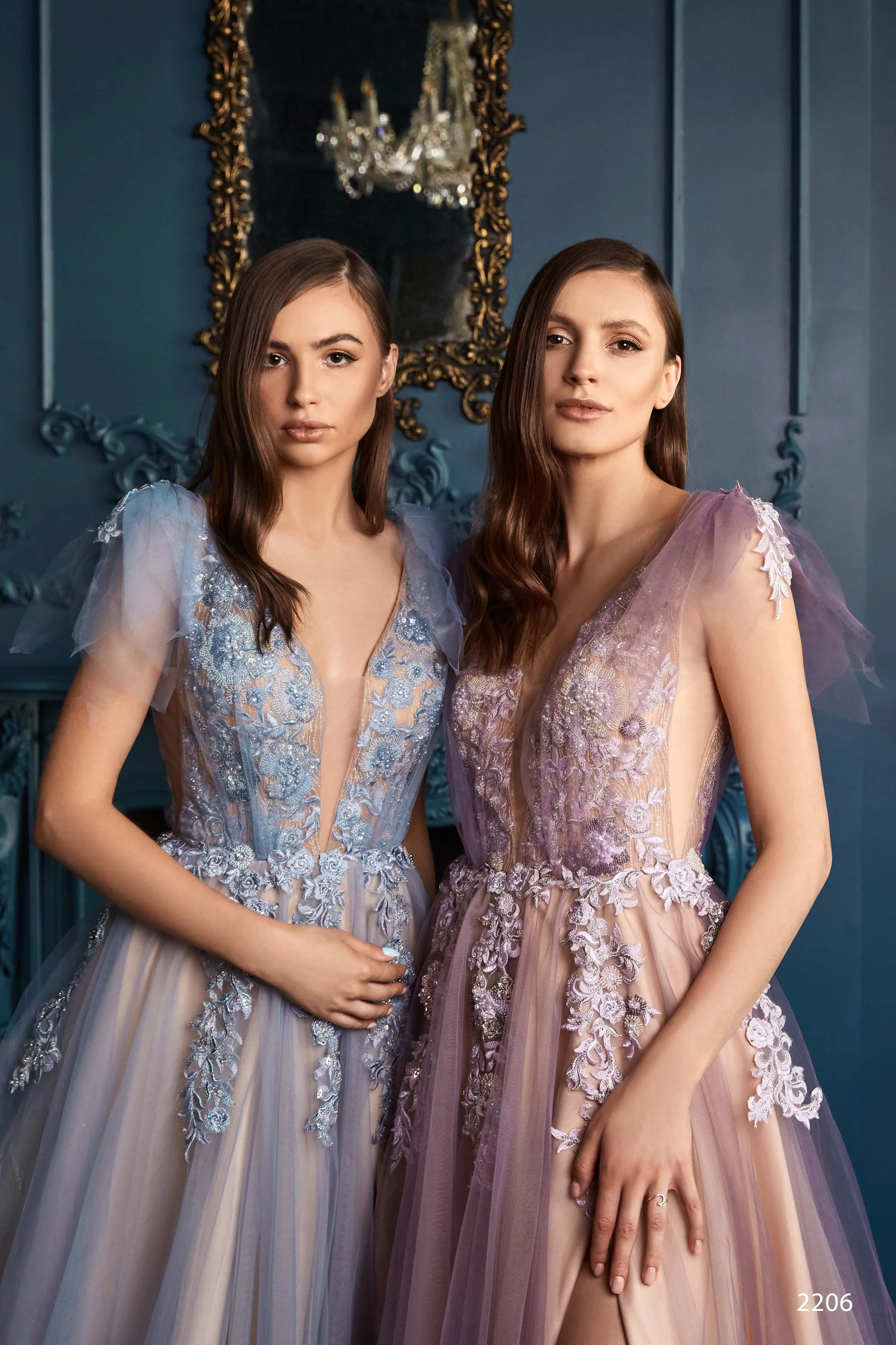 Intricately Beaded Flutter Sleeve Tulle Gown with Slit