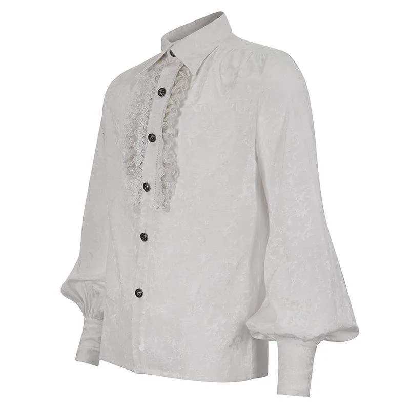 Men's Gothic Puff Sleeved Lace Splice Shirt White