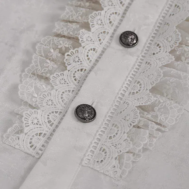 Men's Gothic Puff Sleeved Lace Splice Shirt White