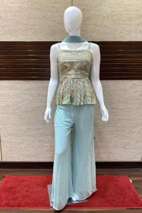 Mint Blue Georgette Palazzo with Sequins and Multicolor Thread work Peplum Top