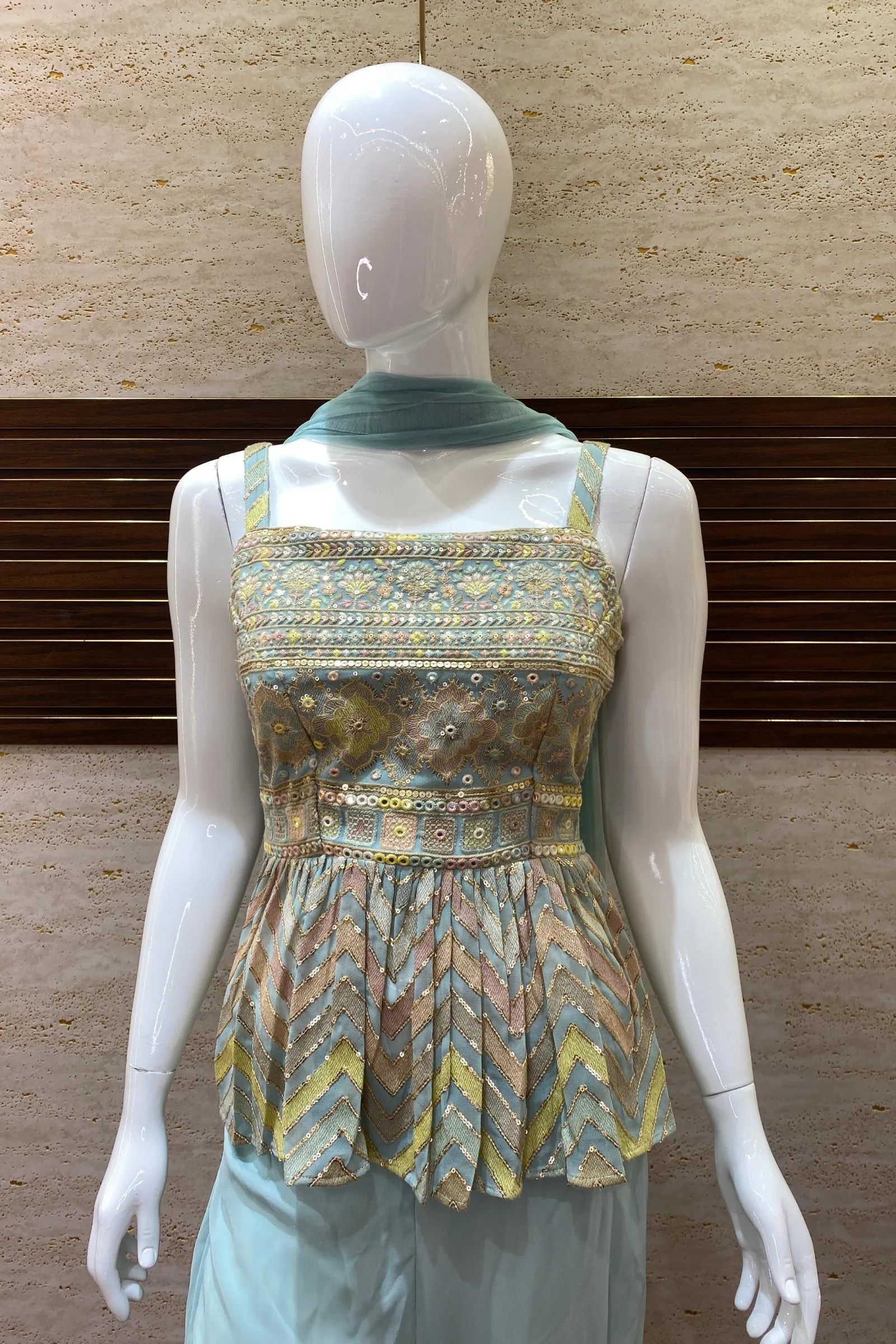 Mint Blue Georgette Palazzo with Sequins and Multicolor Thread work Peplum Top