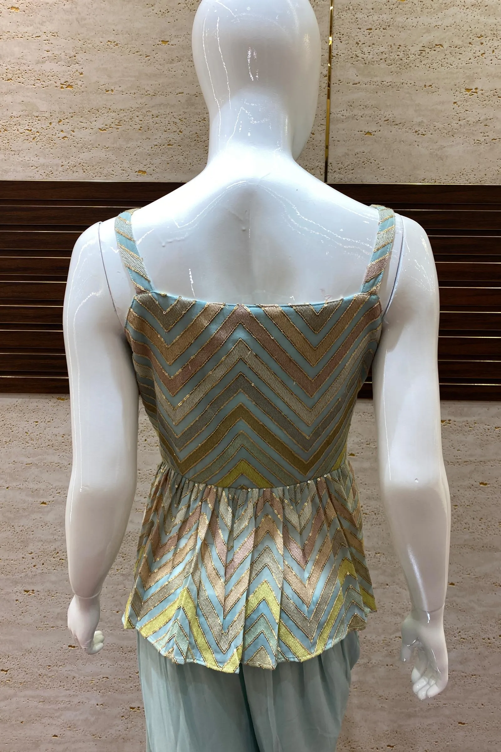 Mint Blue Georgette Palazzo with Sequins and Multicolor Thread work Peplum Top