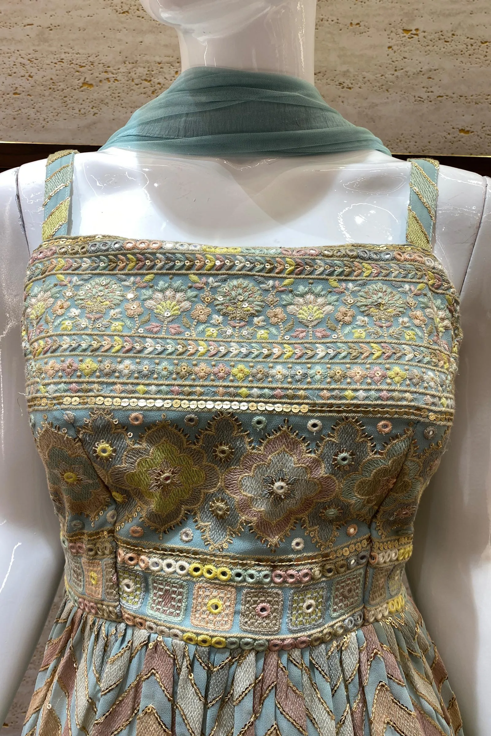 Mint Blue Georgette Palazzo with Sequins and Multicolor Thread work Peplum Top